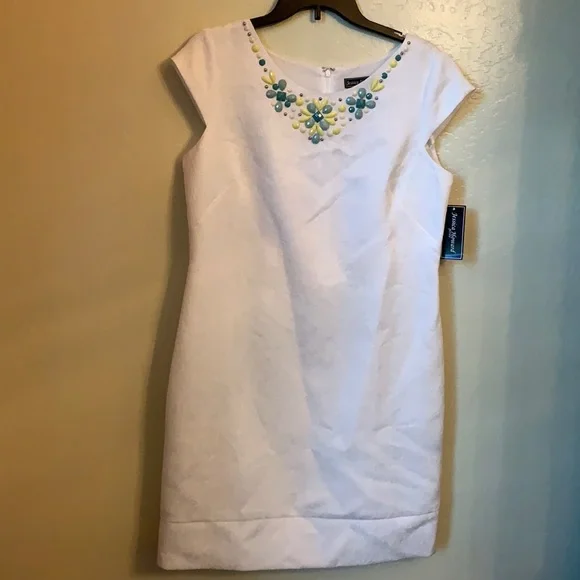 Jessica Howard | Dresses | Jessica Howard Beaded Neckline White Sheath Dress  | Poshmark